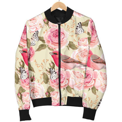 Bird Butterfly Pink Flower Print Pattern Men Bomber Jacket