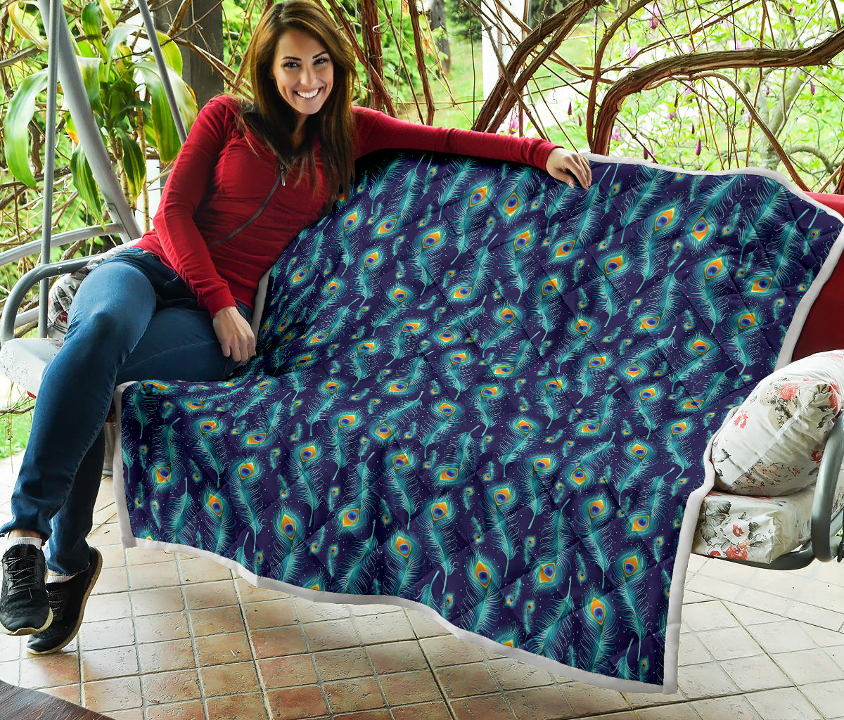 Peacock Feather Blue Design Print Quilt Bedspread