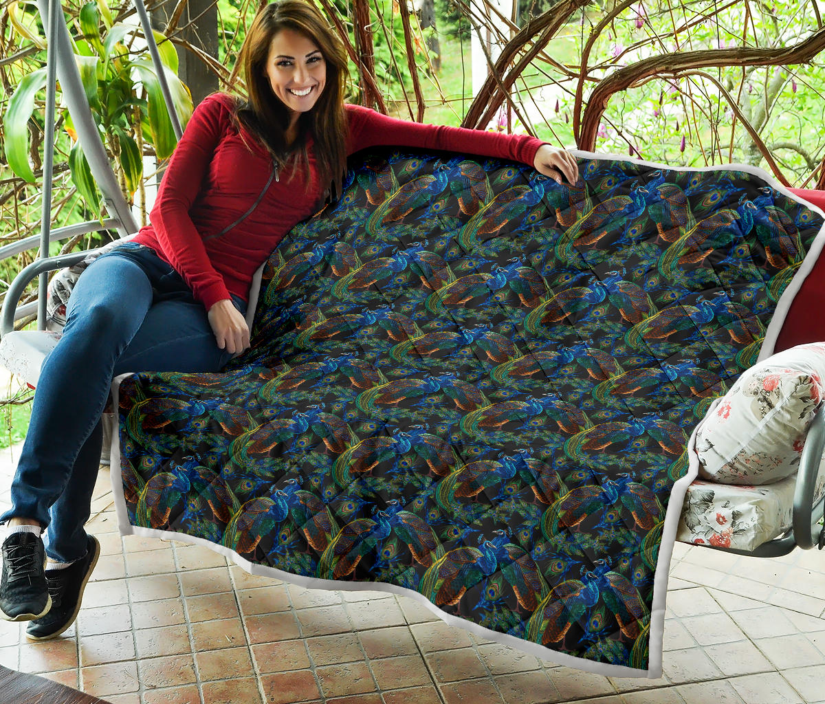 Peacock Themed Design Print Quilt Bedspread