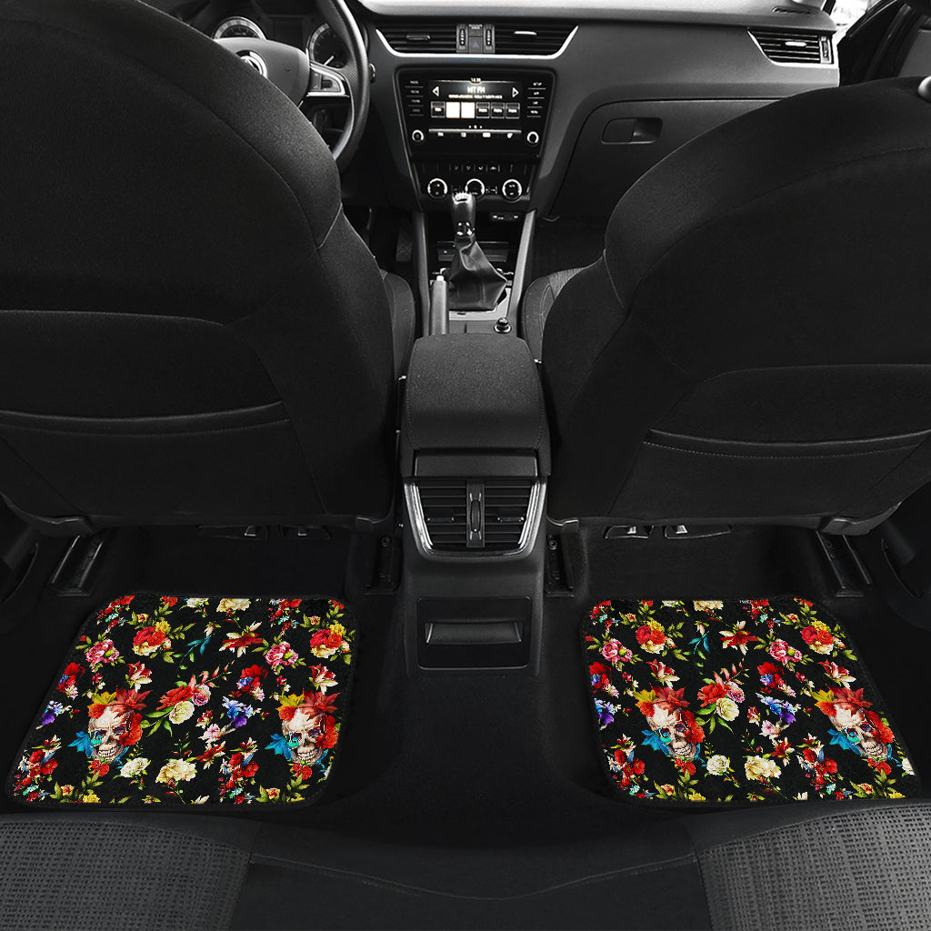 Skull Roses Flower Design Themed Print Car Floor Mats Front Back