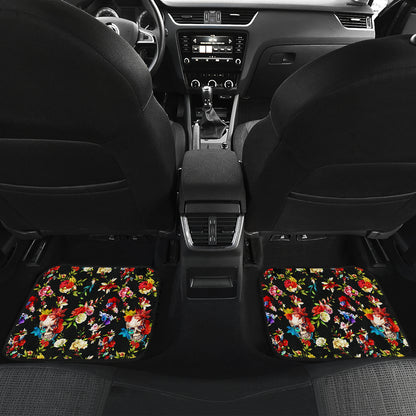 Skull Roses Flower Design Themed Print Car Floor Mats Front Back