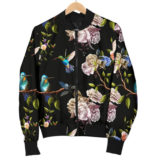 Hummingbird Flower Themed Print Men Bomber Jacket