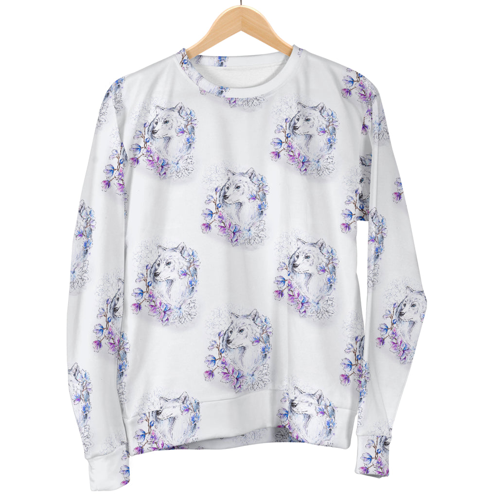 Wolf with Flower Print Design Women Long Sleeve Sweatshirt