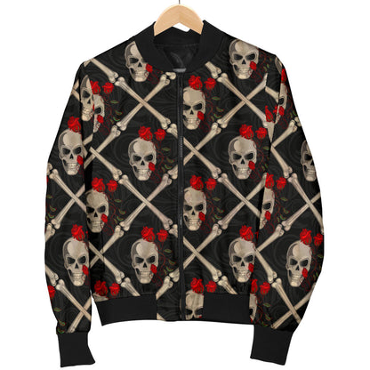 Skull Roses Bone Design Themed Print Men Bomber Jacket