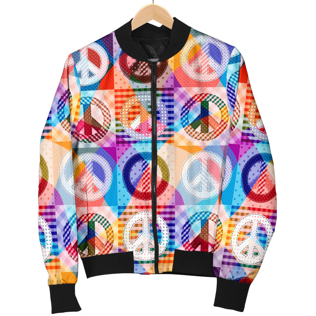 Peace Sign Patchwork Design Print Men Bomber Jacket