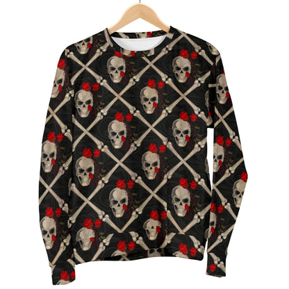 Skull Roses Bone Design Themed Print Women Long Sleeve Sweatshirt