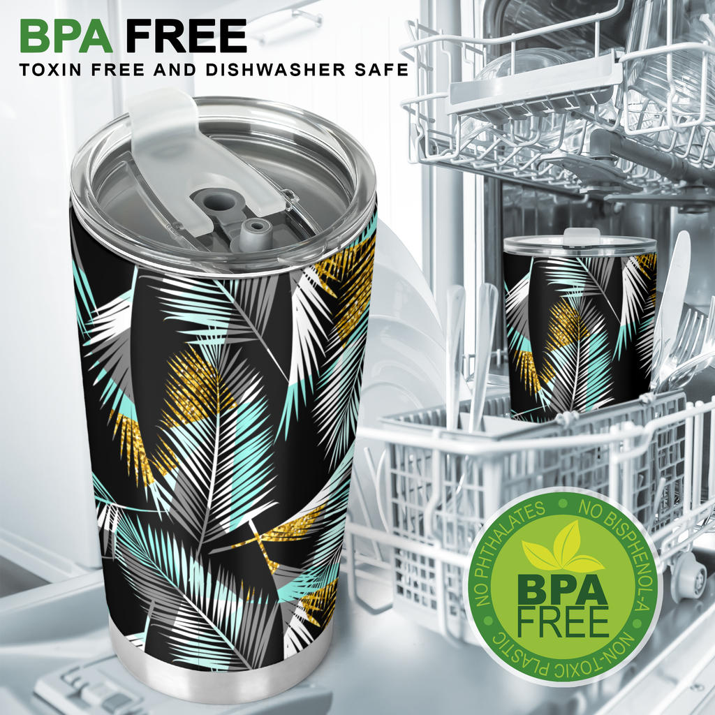 Gold Glitter Cyan Tropical Palm Leaves Tumbler
