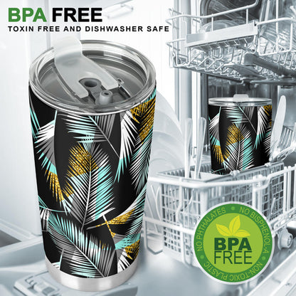 Gold Glitter Cyan Tropical Palm Leaves Tumbler
