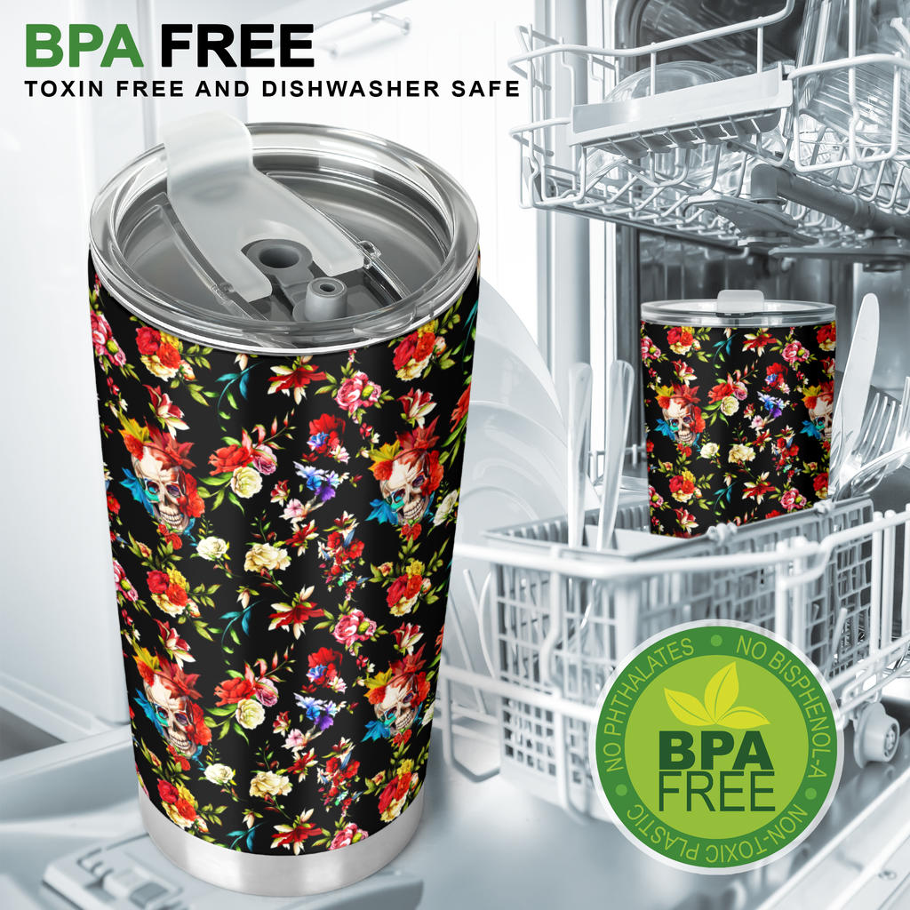 Skull Roses Flower Design Themed Print Tumbler