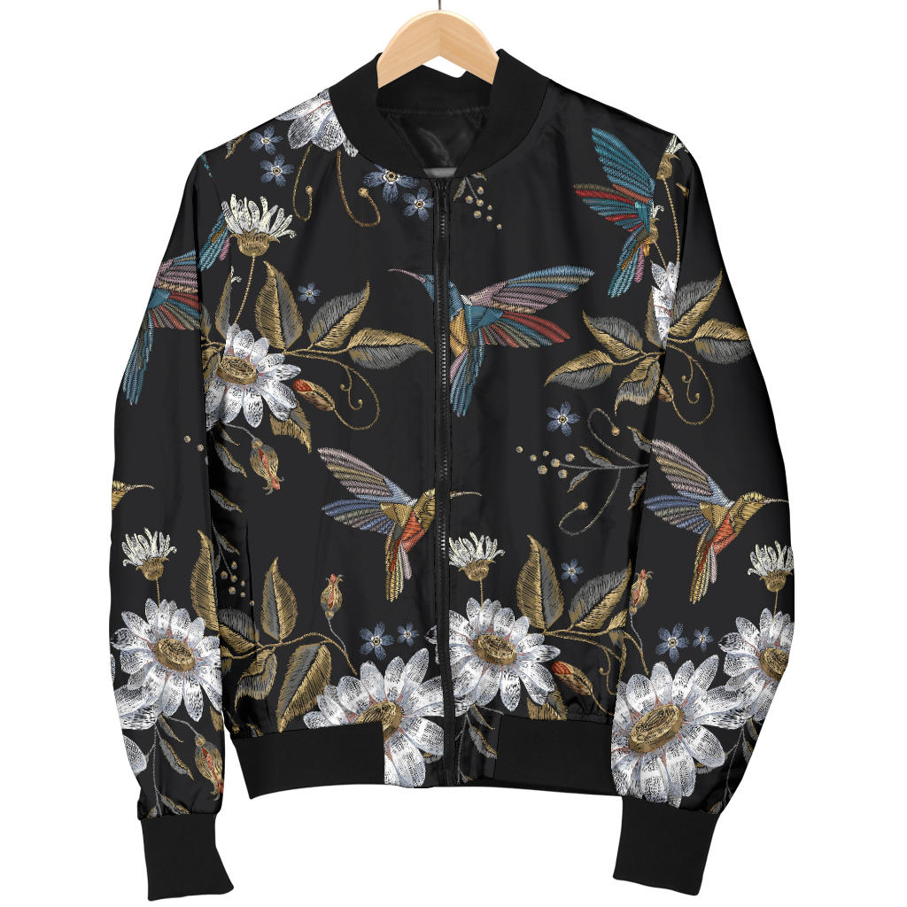Hummingbird with Embroidery Themed Print Men Bomber Jacket