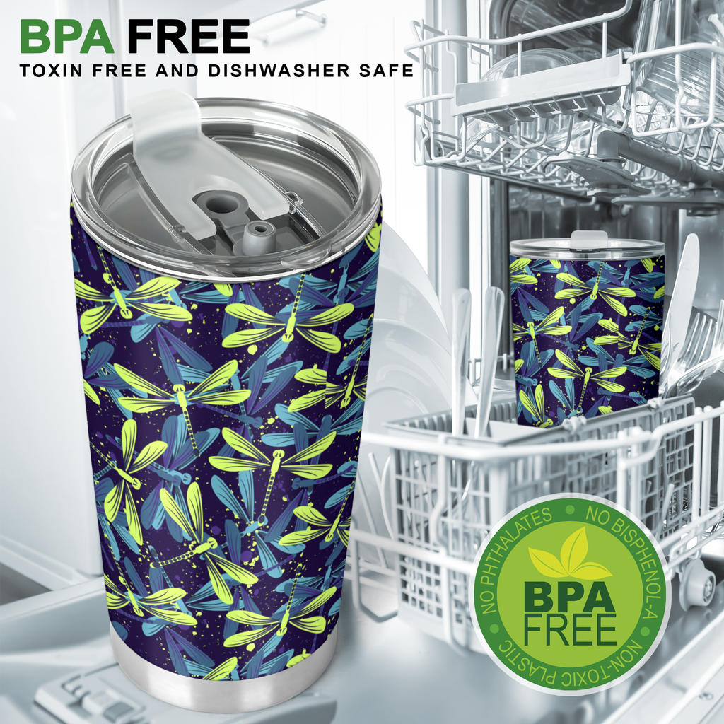 Dragonfly Lime Blue Print Pattern Tumbler