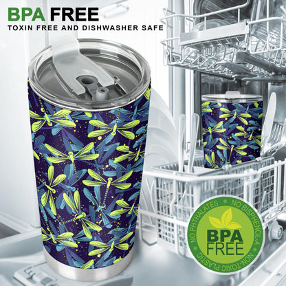 Dragonfly Lime Blue Print Pattern Tumbler