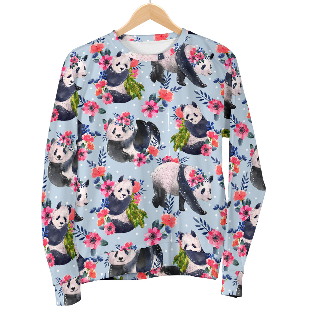 Panda Bear Flower Design Themed Print Men Long Sleeve Sweatshirt