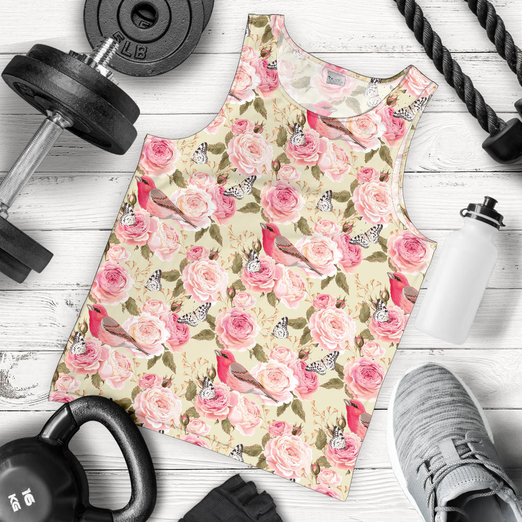 Bird Butterfly Pink Flower Print Pattern Men Tank Top