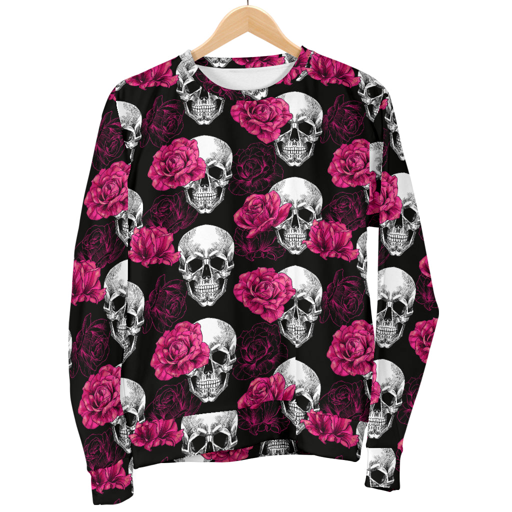 Pink Rose Skull Themed Print Men Long Sleeve Sweatshirt