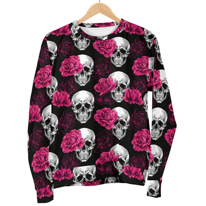 Pink Rose Skull Themed Print Men Long Sleeve Sweatshirt
