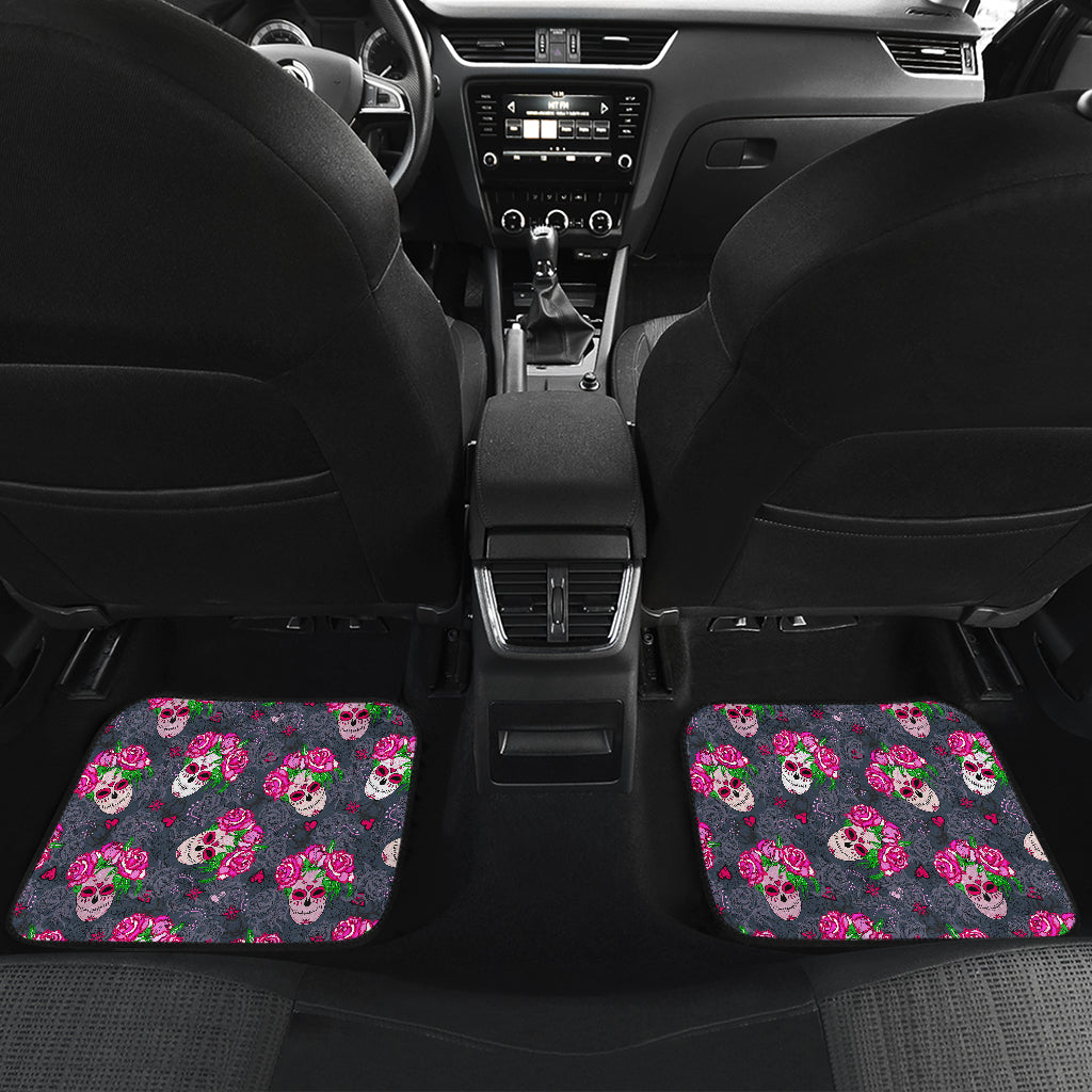 Sugar Skull Pink Rose Themed Print Car Floor Mats Front Back