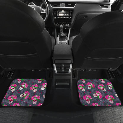 Sugar Skull Pink Rose Themed Print Car Floor Mats Front Back