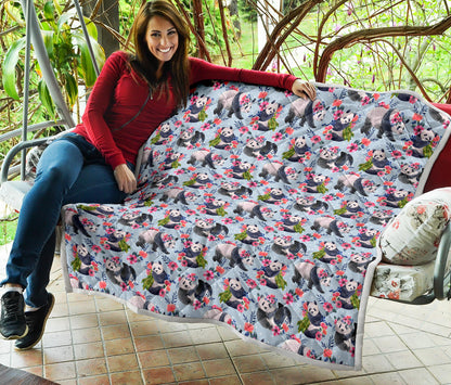 Panda Bear Flower Design Themed Print Quilt Bedspread