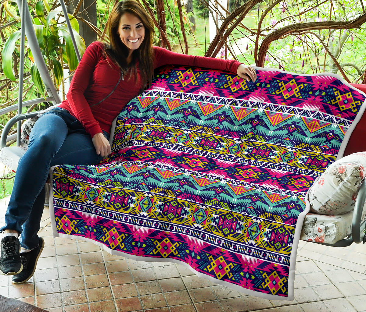Indian Navajo Color Themed Design Print Quilt Bedspread