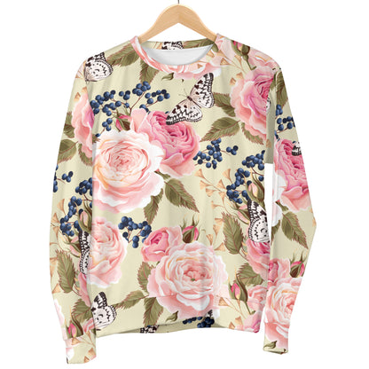 Floral Pink Butterfly Print Men Long Sleeve Sweatshirt