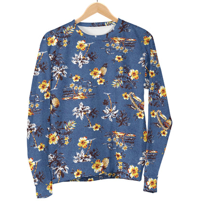 Hawaiian Flower Blue Print Women Long Sleeve Sweatshirt