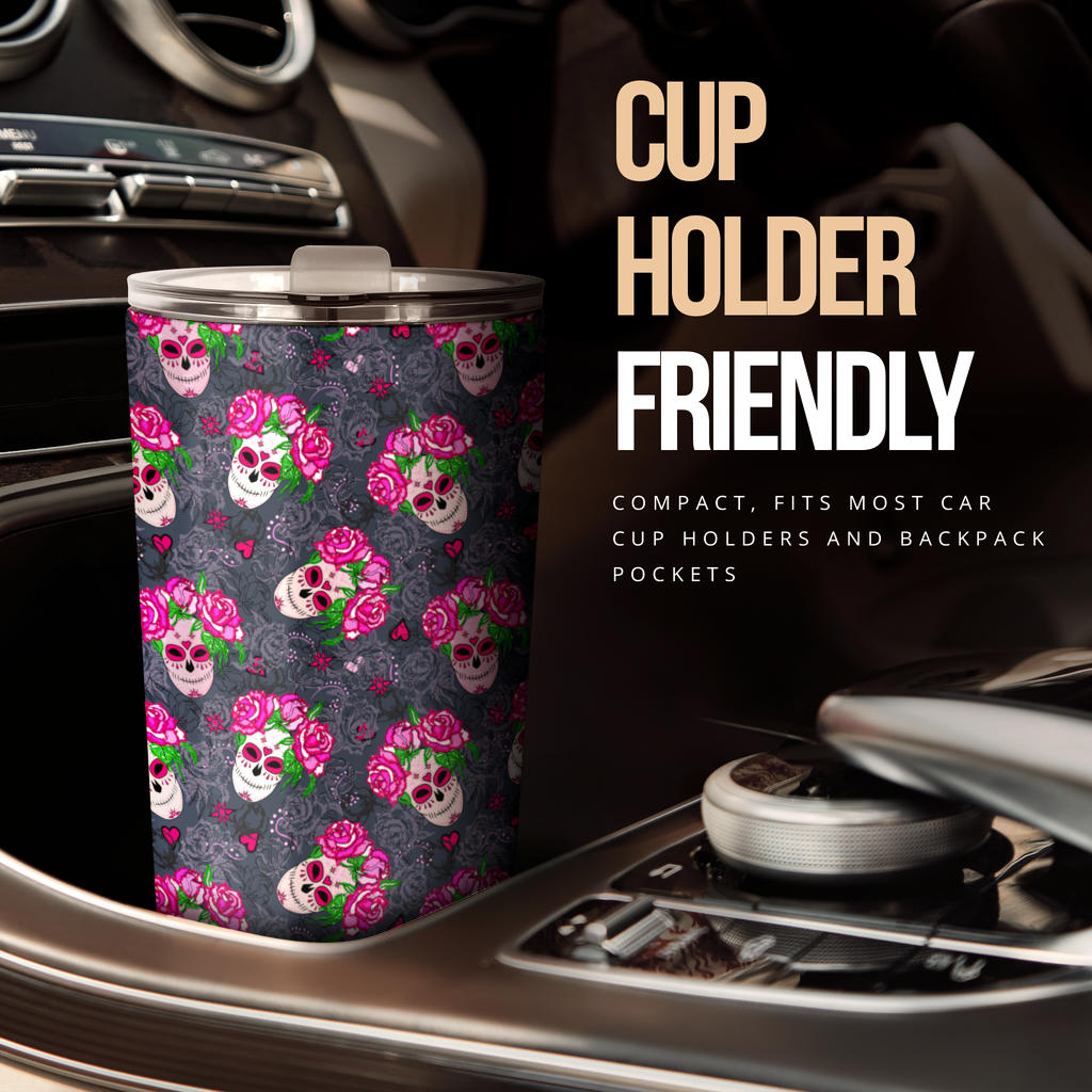 Sugar Skull Pink Rose Themed Print Tumbler