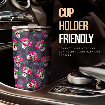 Sugar Skull Pink Rose Themed Print Tumbler