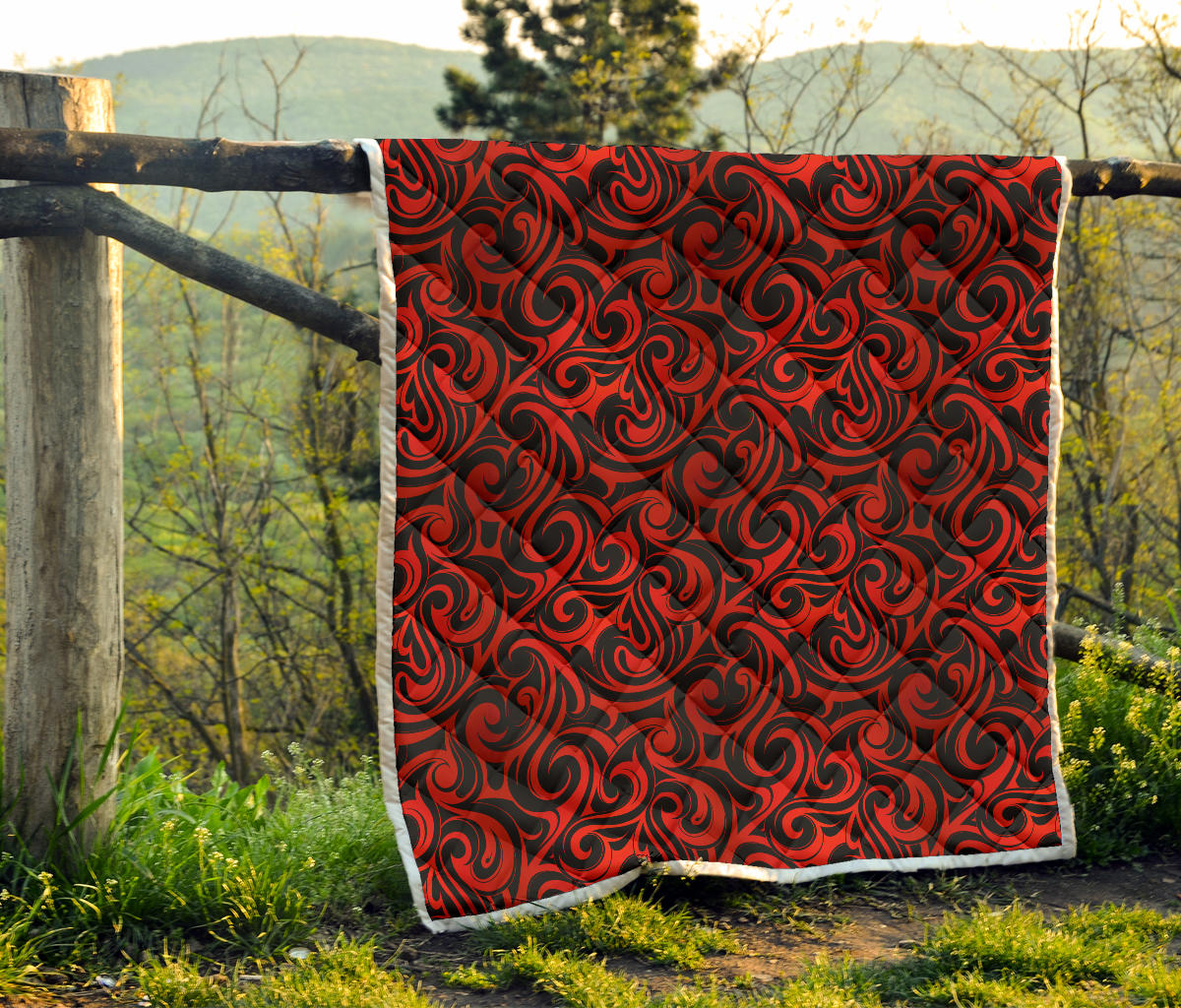 Maori Red Black Themed Design Quilt Bedspread