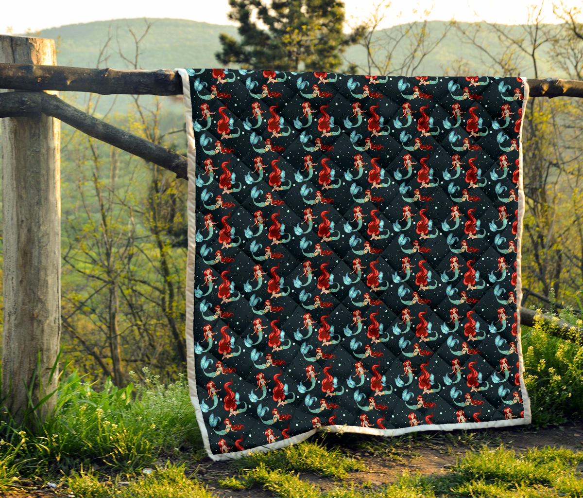 Mermaid Girl Themed Design Print Quilt Bedspread