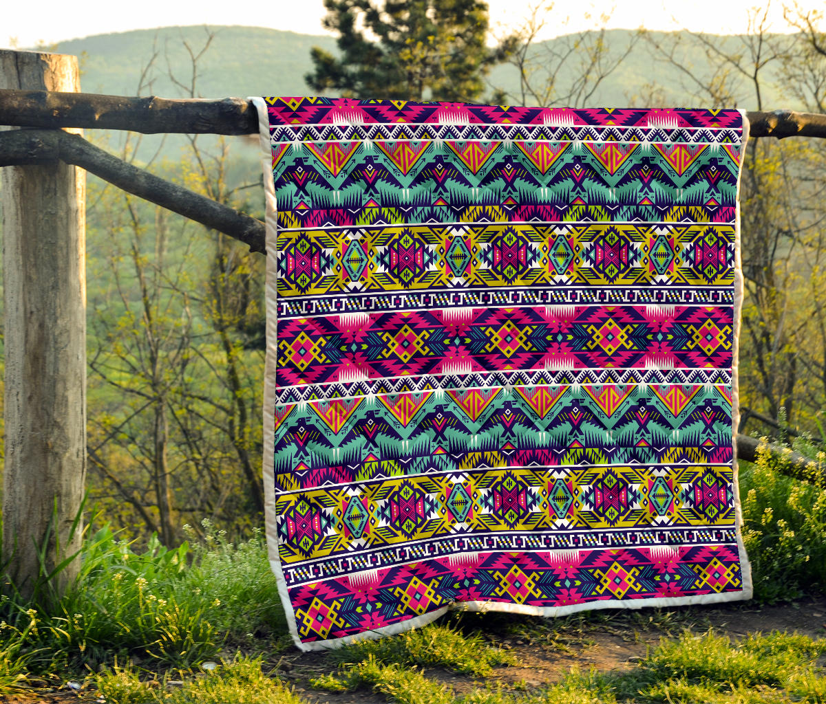 Indian Navajo Color Themed Design Print Quilt Bedspread