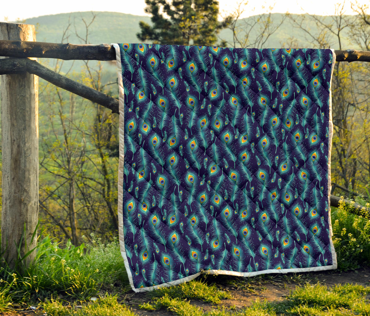 Peacock Feather Blue Design Print Quilt Bedspread