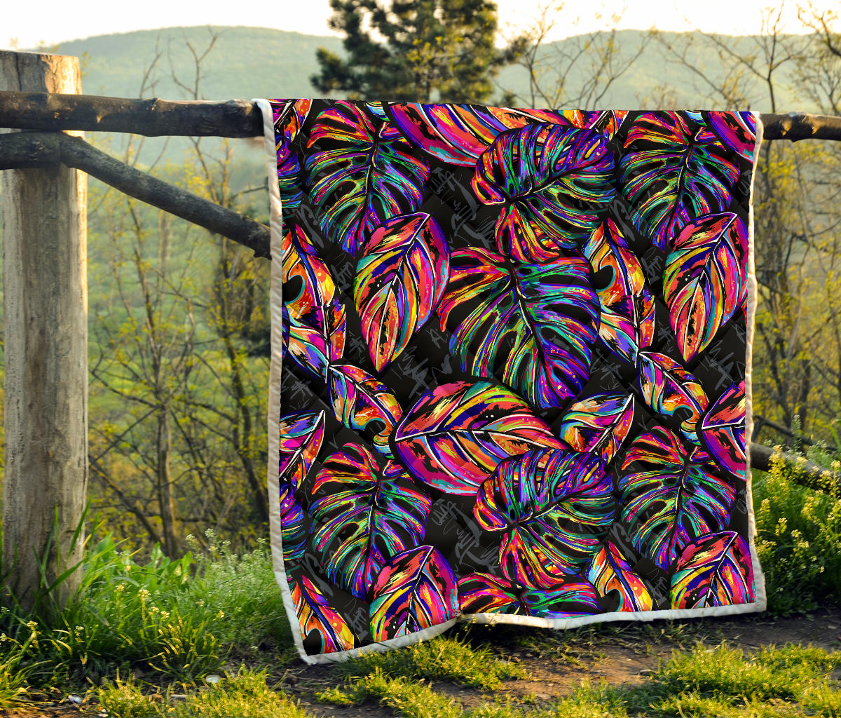 Neon Color Tropical Palm Leaves Quilt Bedspread