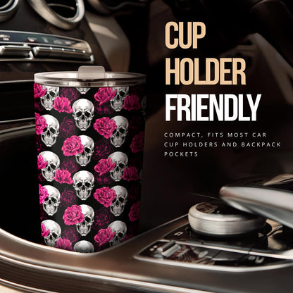 Pink Rose Skull Themed Print Tumbler
