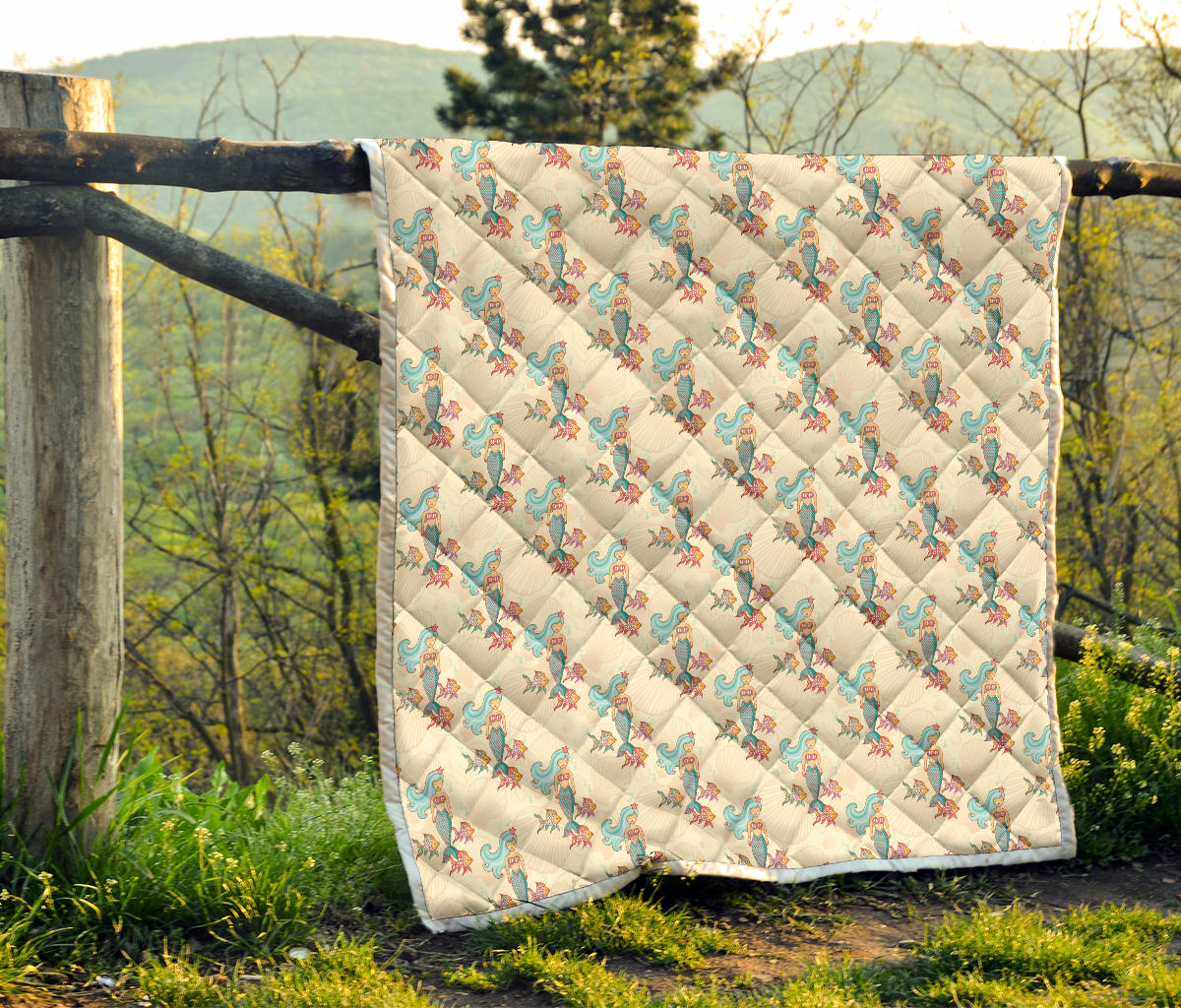 Mermaid Girl With Fish Design Print Quilt Bedspread