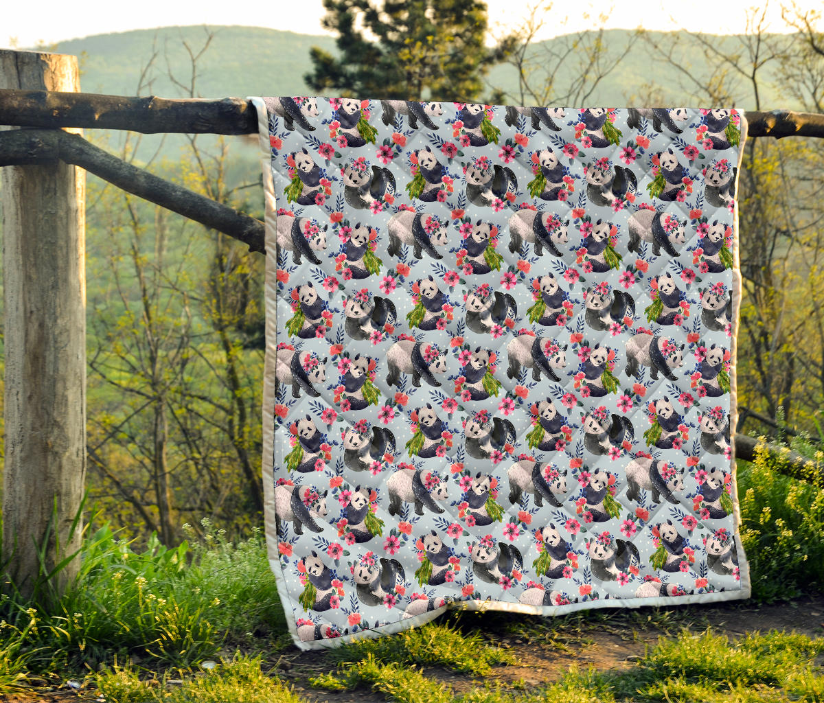 Panda Bear Flower Design Themed Print Quilt Bedspread