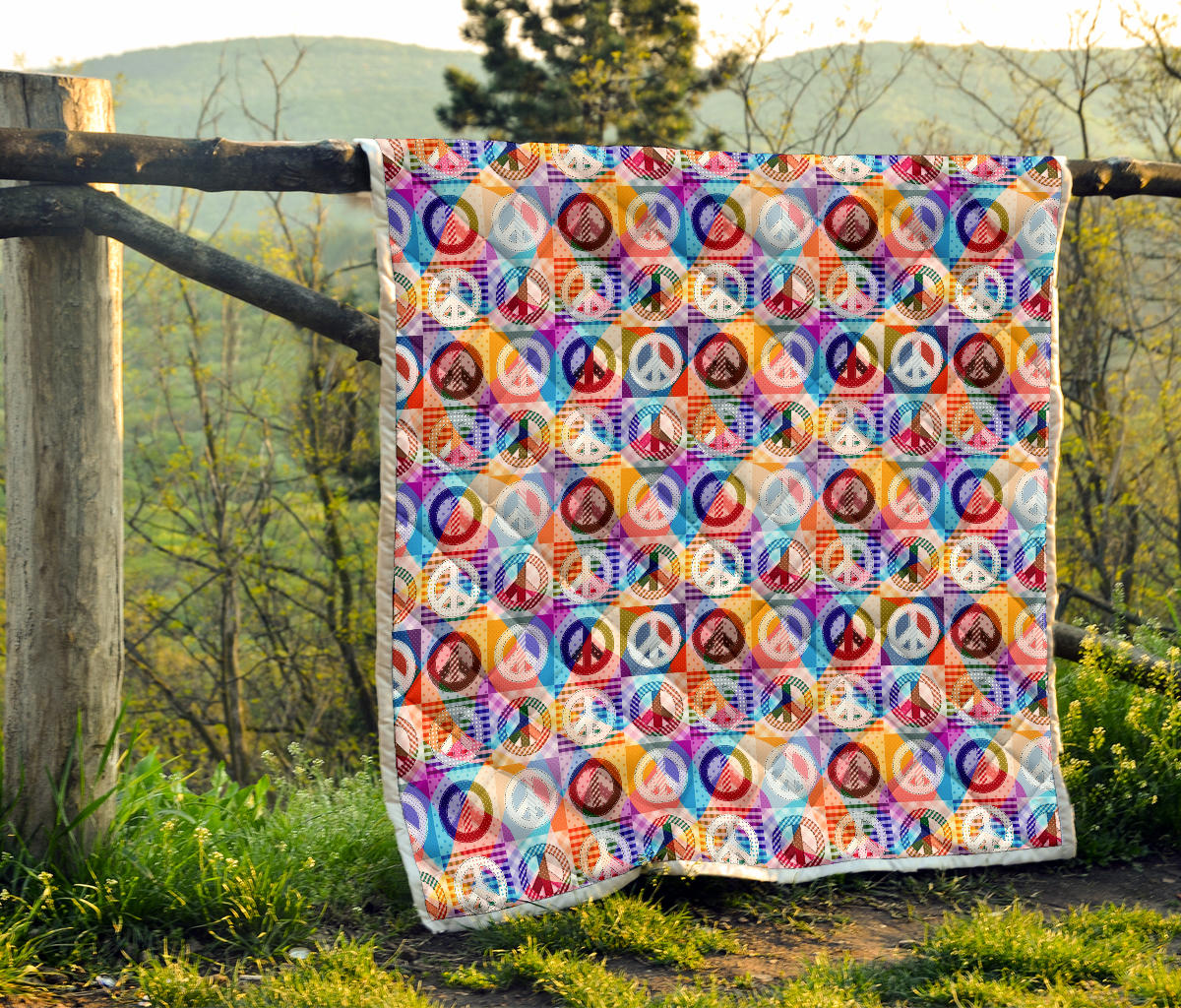 Peace Sign Patchwork Design Print Quilt Bedspread