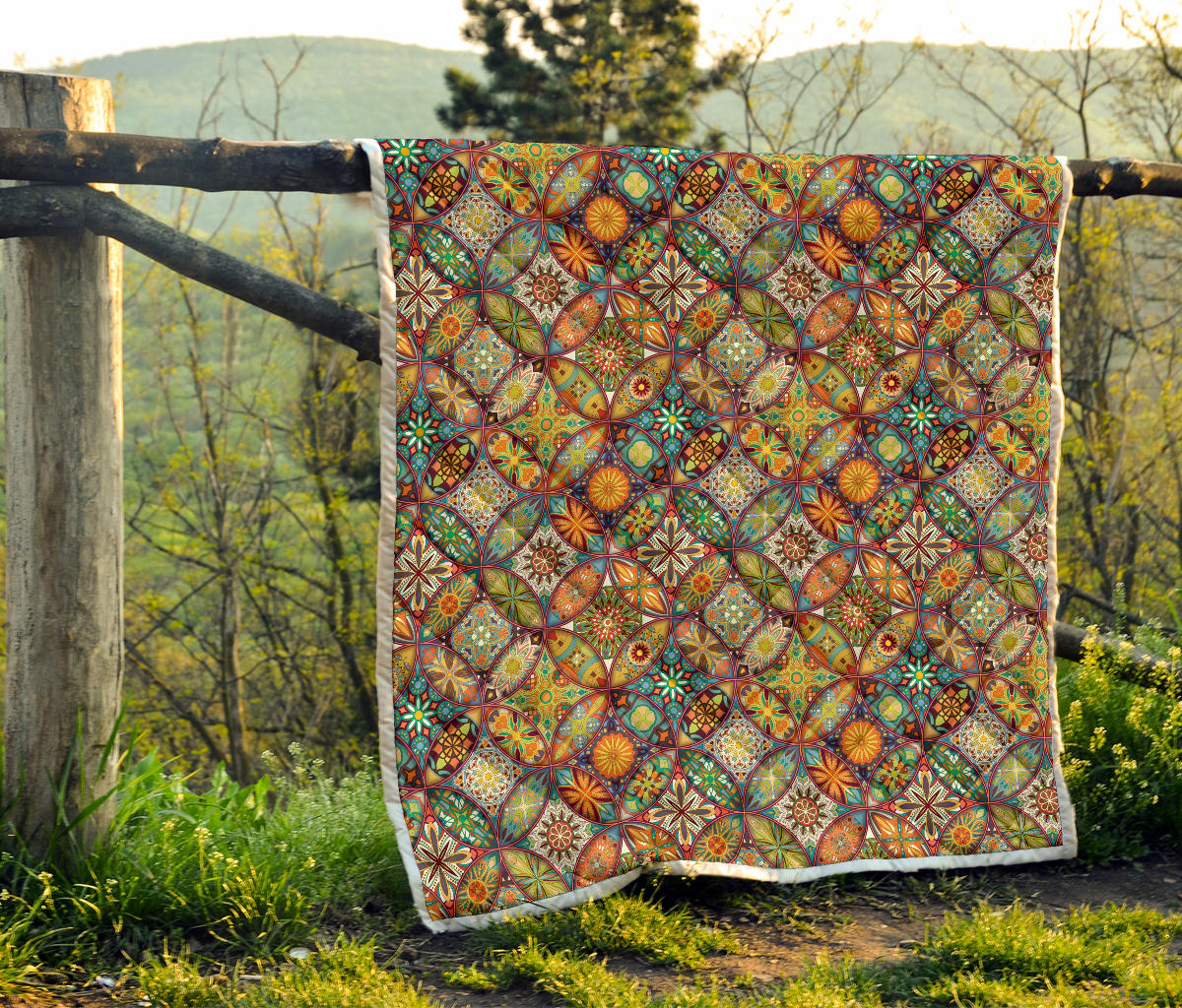 Mandala Flower Themed Design Print Quilt Bedspread