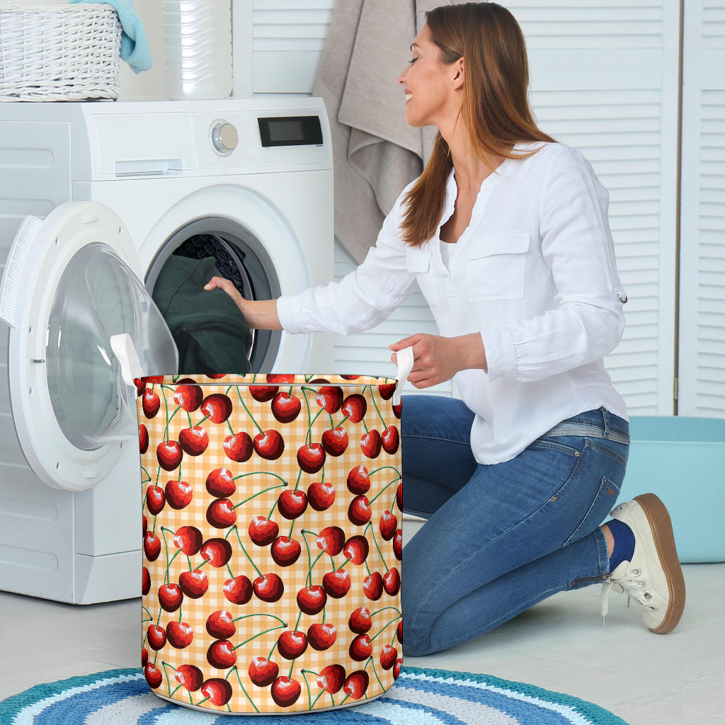 Cherry Orange Plaid Print Laundry Basket