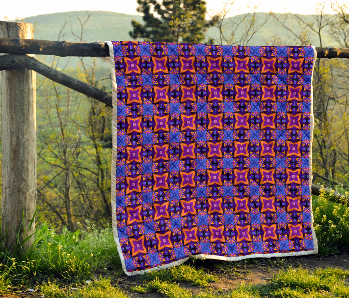 kaleidoscope Purple Orange Print Design Quilt Bedspread