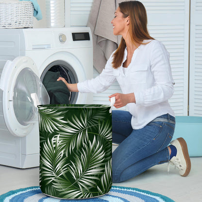 White Green Tropical Palm Leaves Laundry Basket
