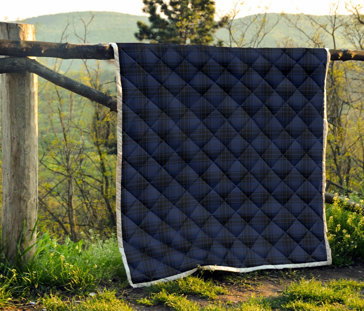 Navy Blue Tartan Plaid Pattern Quilt Bedspread