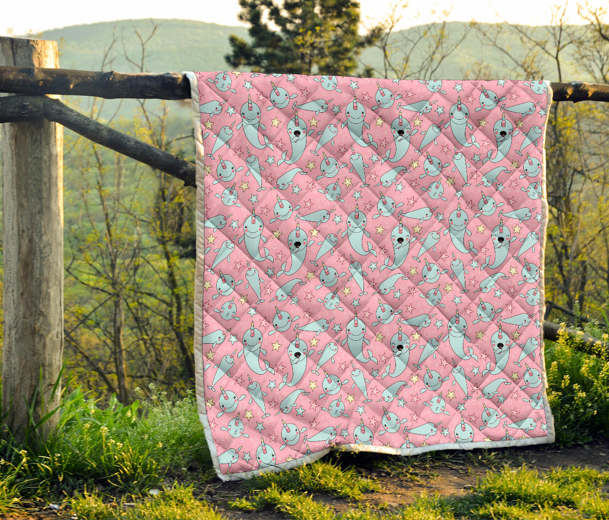 Narwhal Cartoon Cute Print Quilt Bedspread