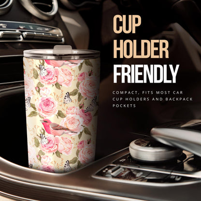 Bird Butterfly Pink Flower Print Pattern Tumbler