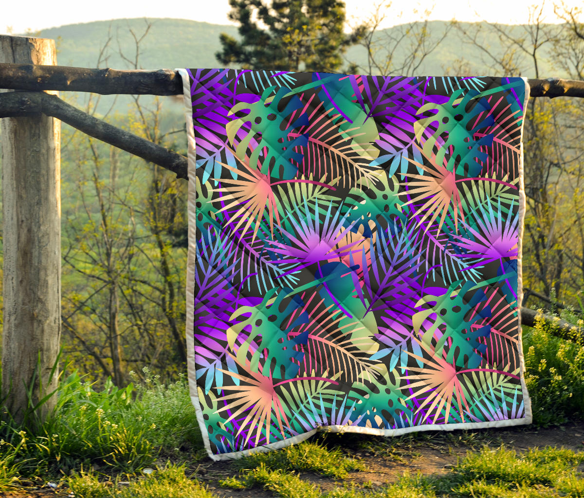 Neon Flower Tropical Palm Leaves Quilt Bedspread