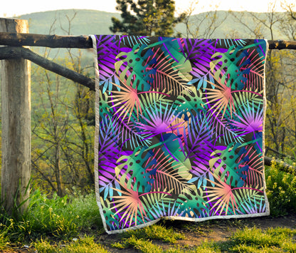 Neon Flower Tropical Palm Leaves Quilt Bedspread