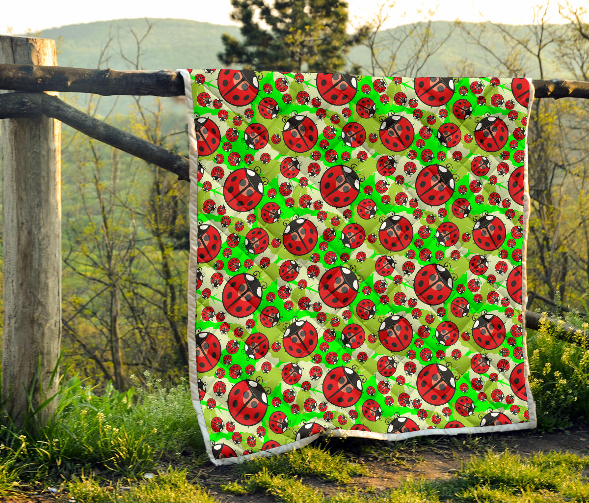 Ladybug with Leaf Print Pattern Quilt Bedspread