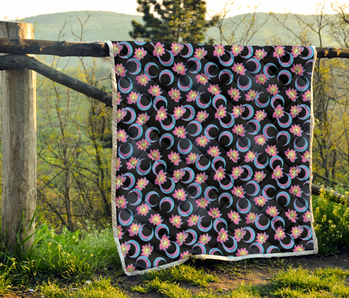 Lotus with Moon Pink Print Themed Quilt Bedspread