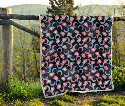 Lotus with Moon Pink Print Themed Quilt Bedspread