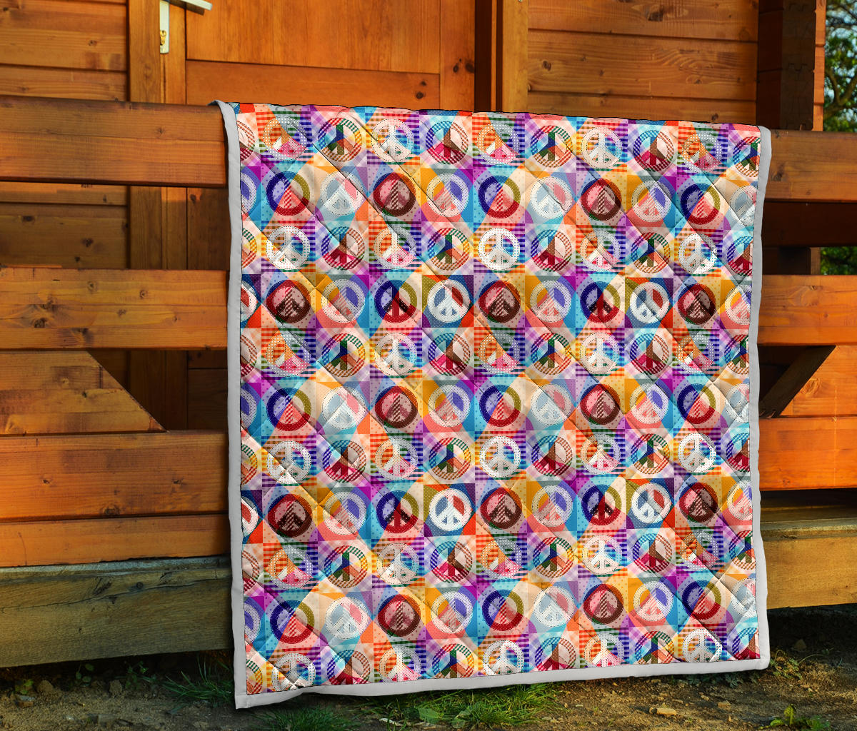 Peace Sign Patchwork Design Print Quilt Bedspread